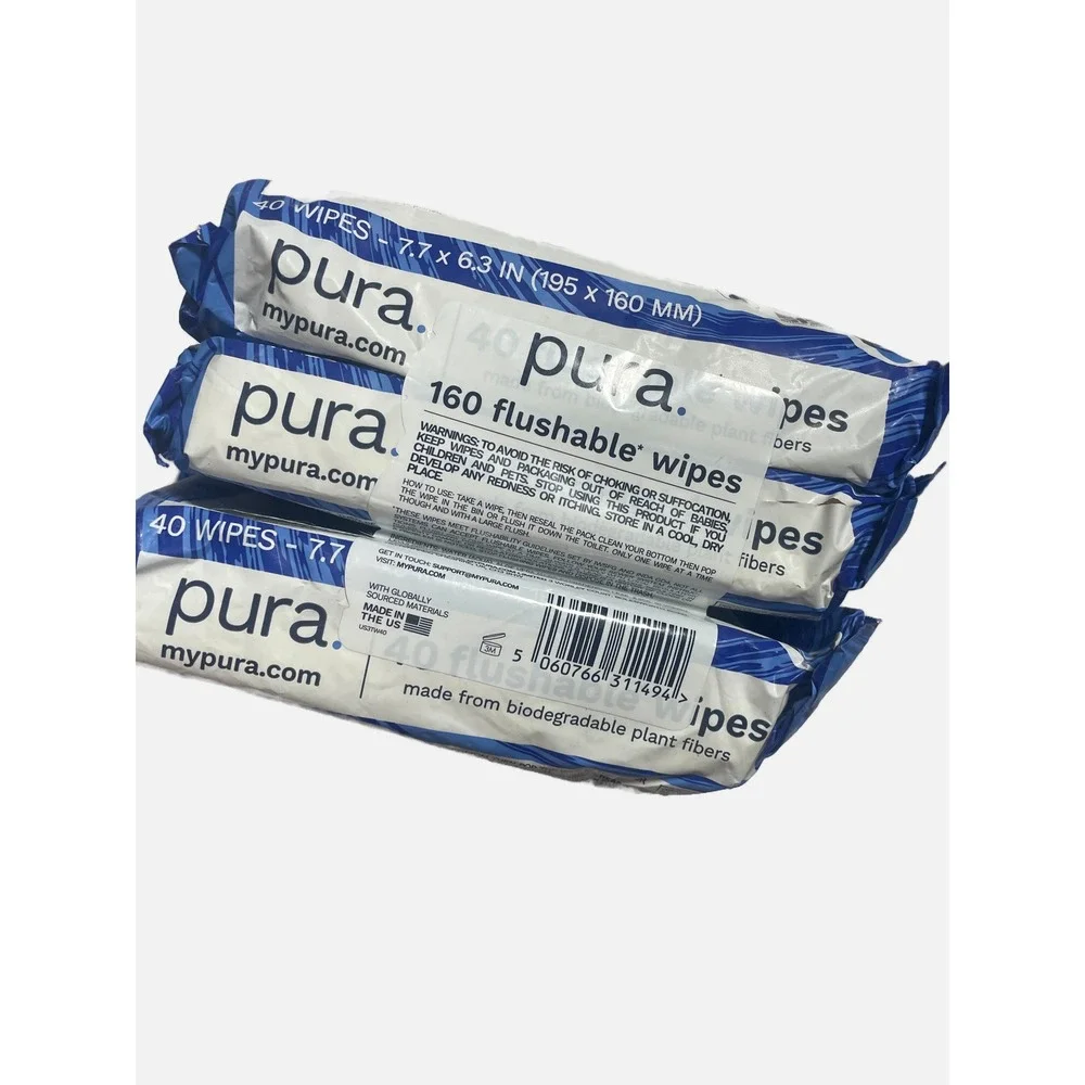 Pura Flushable Wipes Unisex 120 Count White Biodegradable Plant Based Eco Friend